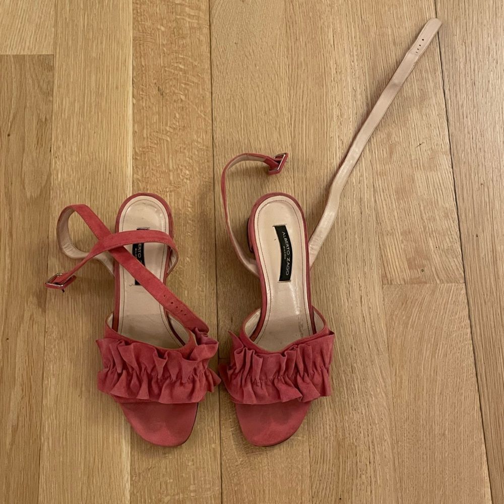 Pink Ruffle Open-Toe Sandals with Ankle Strap